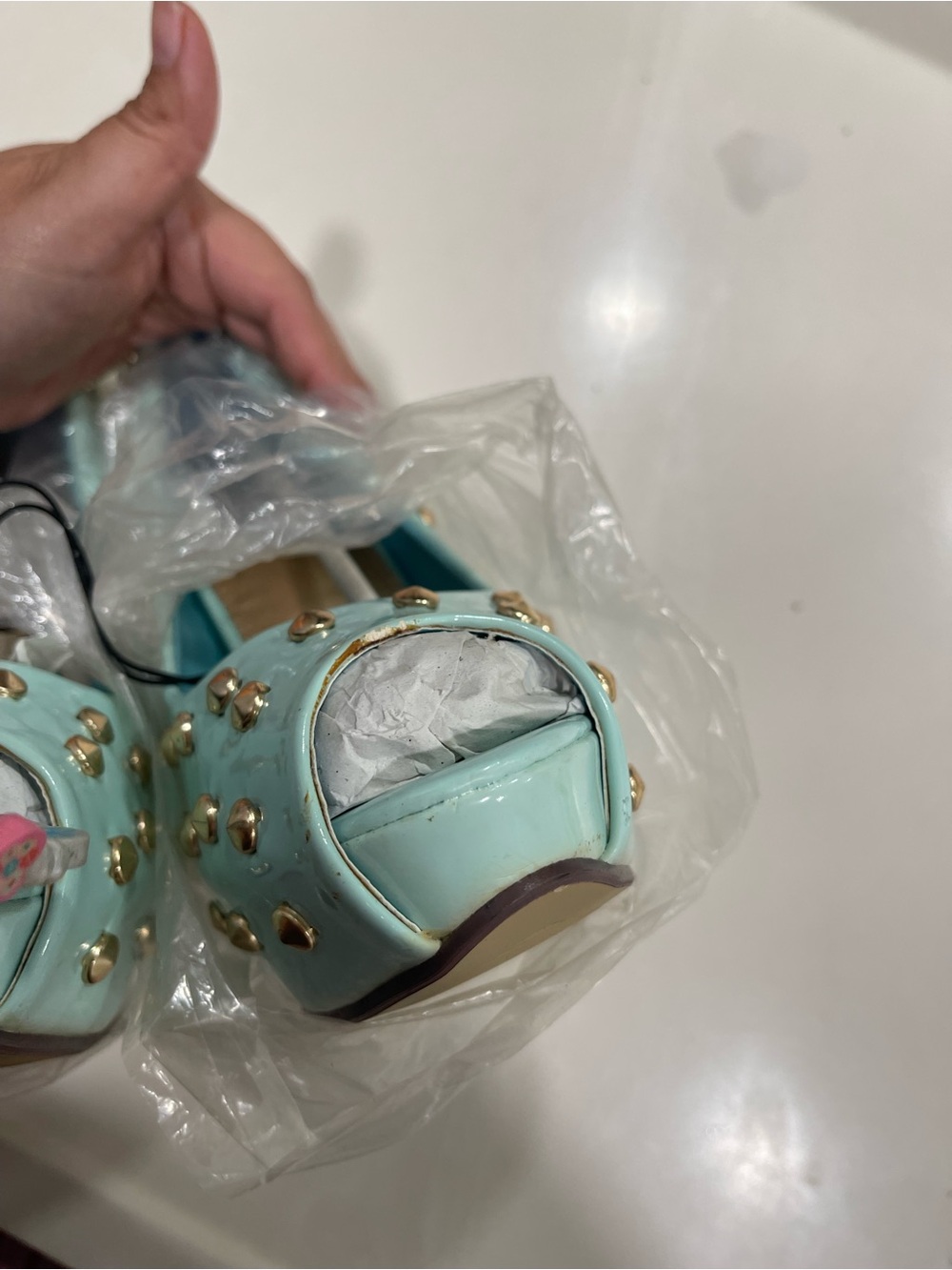 Wet Seal Mint Green Studded High Heel Pumps with Gold Accents - Picture 5 of 11